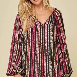 ANDREE BY UNIT Pink, Black & Cream Striped Peasant Tunic